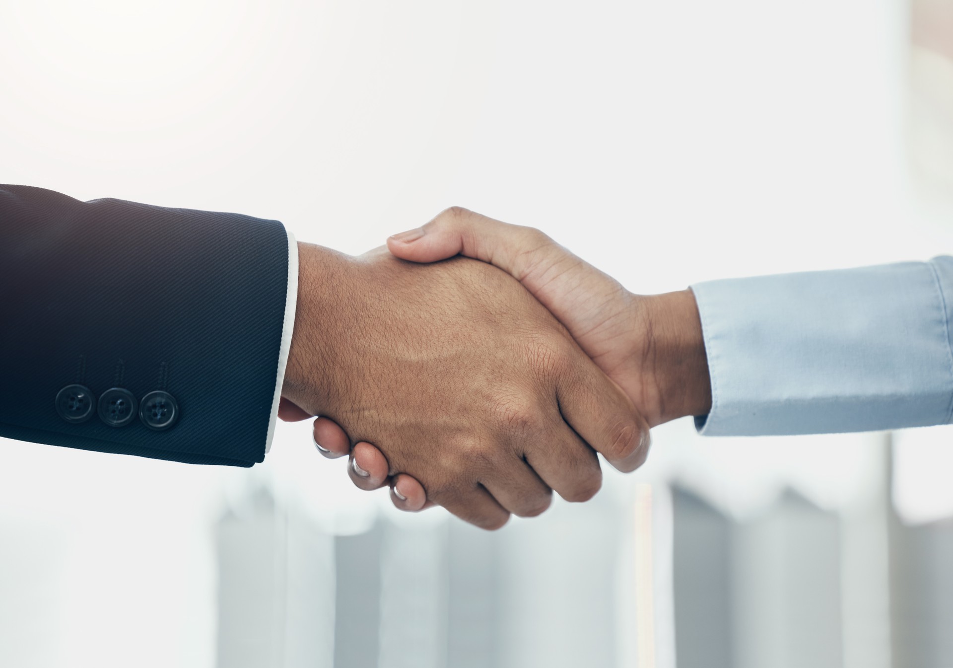 Business people shaking hands, partnership and meeting, consulting and networking agreement, hiring deal and b2b goals, welcome and company trust. Corporate handshake, thank you and teamwork support